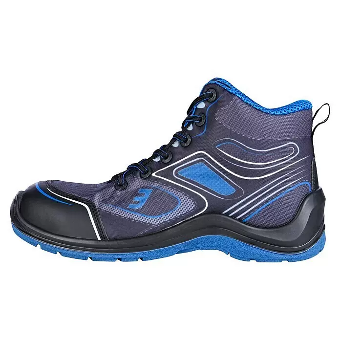 Safety Jogger Sicherheitsstiefel Flow S1P MID - 44, Schutzklasse nach EN ISO 20345: S1P, Schwarz, Blau - Dunkelblauer knöchelhoher Sicherheitsschuh mit schwarzer Zehenkappe, blauen Akzenten und schwarzen Schnürsenkeln.