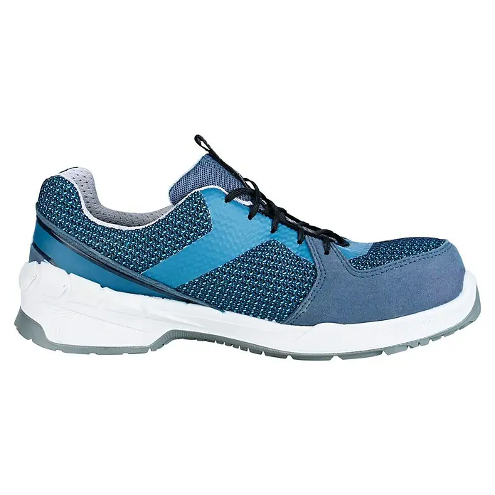 Steitz Secura Sicherheitshalbschuh ELLA - 41, Schutzklasse nach EN ISO 20345: S1 - Ein blauer Sicherheitsschuh mit schwarzer Schnürung und weißer Sohle. Dieser Schuh bietet Schutz und Komfort für den Arbeitsalltag.