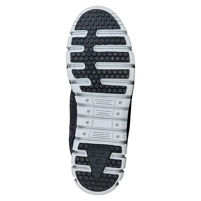Safety Jogger Sicherheitshalbschuh Morris S1P - 45, Schutzklasse nach EN ISO 20345: S1P, Schwarz - Sohle eines schwarzen und weißen Arbeitsschuhs mit rutschfestem Profil für sicheren Halt auf verschiedenen Oberflächen.
