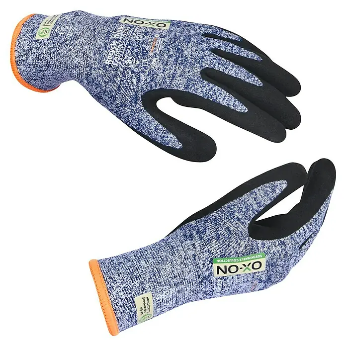 OX-ON Arbeitshandschuhe Recycle Winter Comfort 16303 - Grau, 11 - Das Bild zeigt ein Paar Ox-On Recycled Winter Santo 6303 Handschuhe mit blauer Melierung und schwarzer Handfläche.