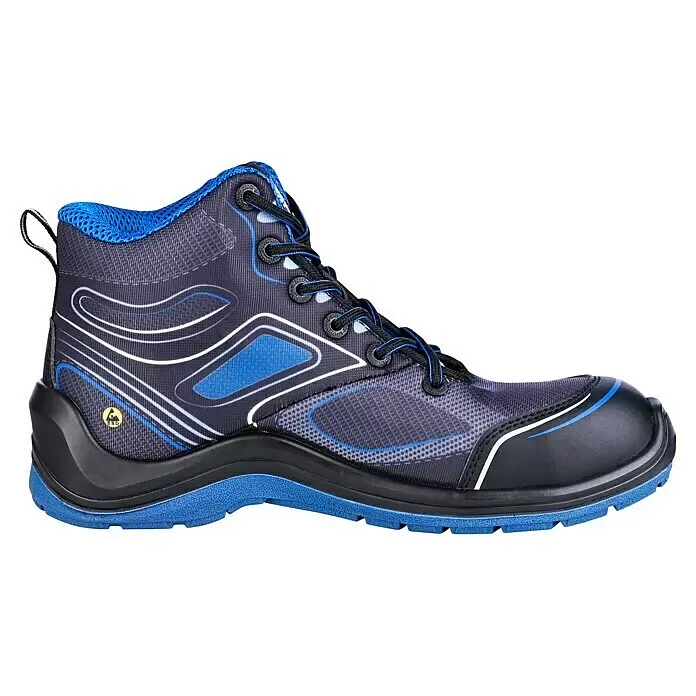Safety Jogger Sicherheitsstiefel Flow S1P MID - 44, Schutzklasse nach EN ISO 20345: S1P, Schwarz, Blau - Dunkelgrauer und blauer halbhoher Sicherheitsschuh mit Schnürverschluss, ESD-Symbol und blauen Mesh-Akzenten.