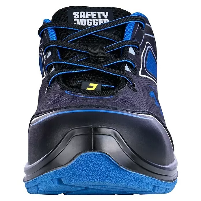 Safety Jogger Sicherheitshalbschuh Flow - 41, Schutzklasse nach EN ISO 20345: S1P, Blau, Schwarz - Schwarzer Sicherheitsschuh mit blauen Schnürsenkeln, Ober- und Sohlenakzenten, robuster Zehenkappe und 'SAFETY JOGGER'-Branding.
