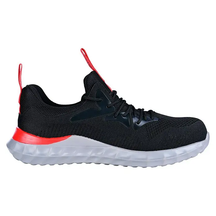 Power Safe Sicherheitshalbschuh Firefly - 44, Schutzklasse nach EN ISO 20345: S1P, Schwarz/Rot - Schwarzer Sneaker mit roten Akzenten und hellgrauer Sohle. Der Schuh ist modern und sportlich gestaltet.