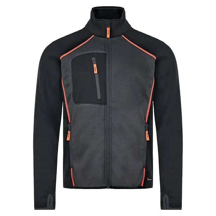 L.Brador Fleecejacke 6195P - Schwarz/Grau, XL - Schwarze und graue Fleecejacke mit orangen Akzenten und durchgehendem Reißverschluss.