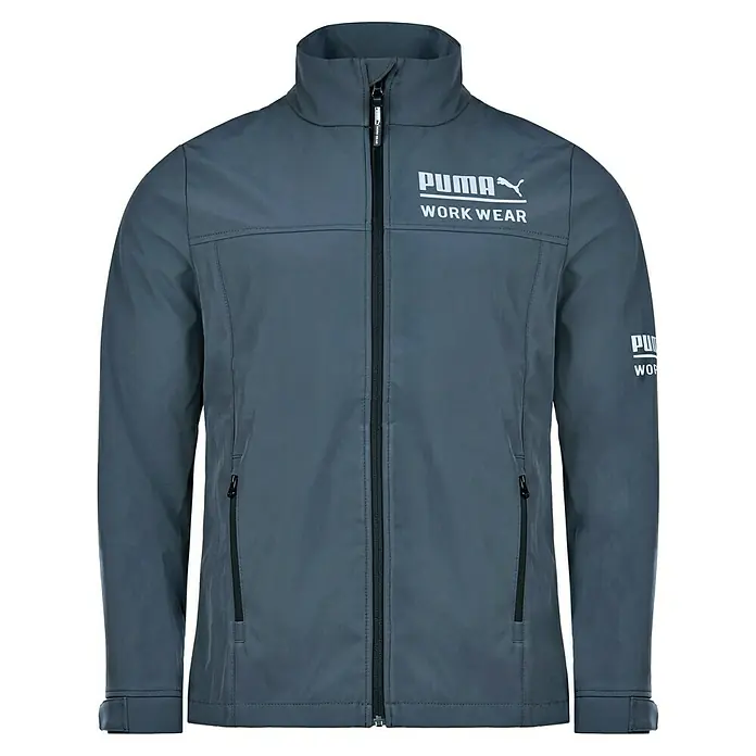 Puma Workwear Softshell-Jacke Champ - Stahlgrau, Carbon, S - Graue Puma Workwear Jacke mit Reißverschluss und weißen Logos für den professionellen Einsatz.