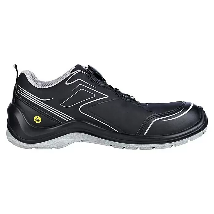 Safety Jogger Sicherheitshalbschuh Flow TSL - 45, Schutzklasse nach EN ISO 20345: S3, Schwarz - Schwarzer Sicherheitsschuh mit Drehverschluss, weißen Akzenten und grauer Sohle, mit ESD-Symbol.