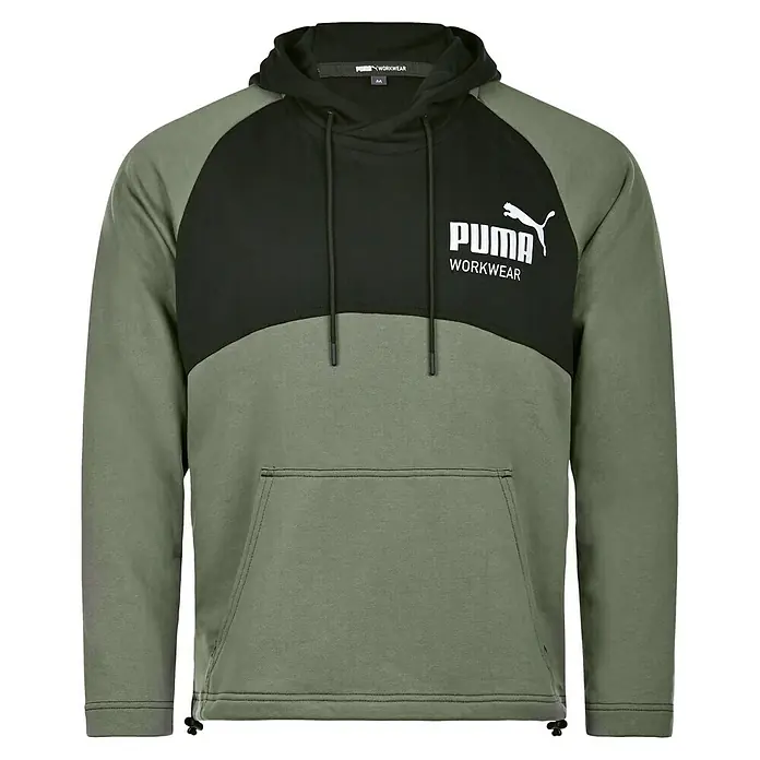 Puma Workwear Kapuzenpullover Champ - Oliv, Carbon, Größe: S - Abgebildeter Puma Workwear Hoodie, olivgrün und schwarz, mit Logo auf der Brust und Kapuze.