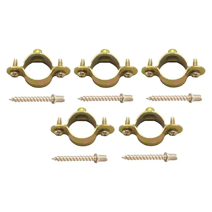 Set abrazaderas para tubo - 5 ud., Tuberías - La imagen muestra un primer plano de cinco abrazaderas de tubo con tornillos, comúnmente utilizadas para asegurar tubos a superficies.