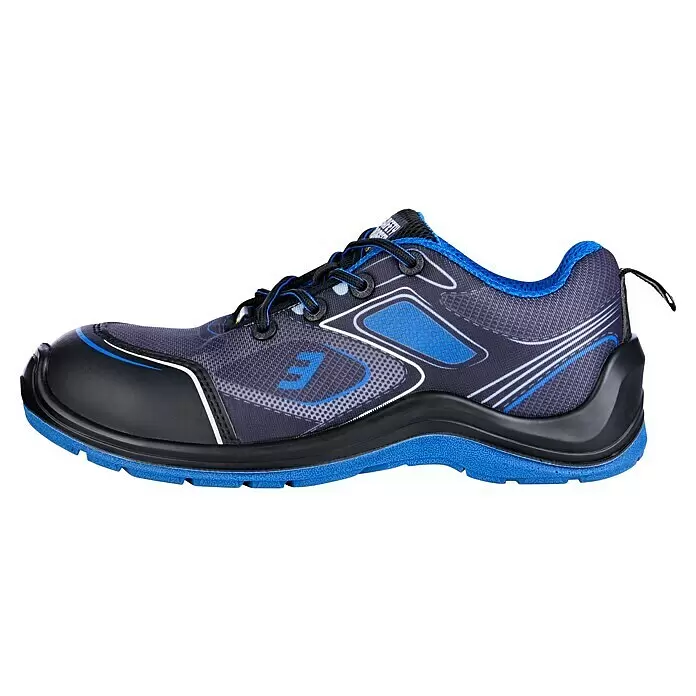 Safety Jogger Sicherheitshalbschuh Flow - 41, Schutzklasse nach EN ISO 20345: S1P, Blau, Schwarz - Dunkelblauer und schwarzer Sicherheitsschuh mit leuchtend blauer Sohle und Akzenten, mit Mesh-Obermaterial und verstärkter Zehenkappe.