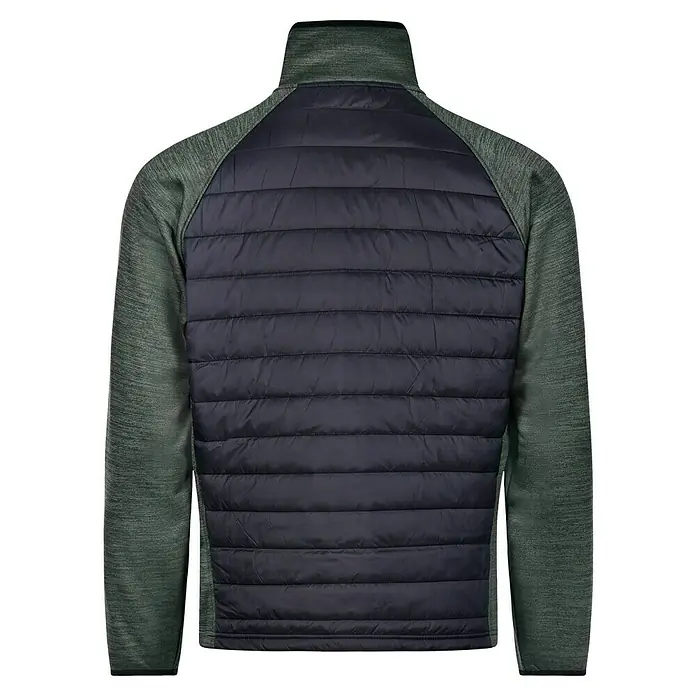 L.Brador Hybridjacke 6090P - Schwarz/Grün, S - Rückansicht einer dunkelblauen Steppjacke mit melierten grünen Ärmeln und Kragen. Ideal für zusätzlichen Komfort an kühlen Tagen.
