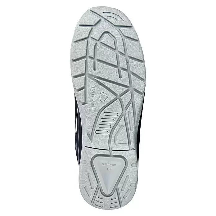 Safety Jogger Sicherheitshalbschuh Flow TSL - 45, Schutzklasse nach EN ISO 20345: S3, Schwarz - Helle graue Schuhsohle mit texturiertem Anti-Rutsch-Profil und „SAFETY JOGGER AIR“-Logo.