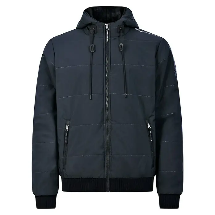 Puma Workwear Winterjacke Champ - Carbon, L - Hier ist eine wattierte marineblaue Herrenjacke mit Kapuze, Reißverschluss und elastischen Bündchen für optimalen Komfort.