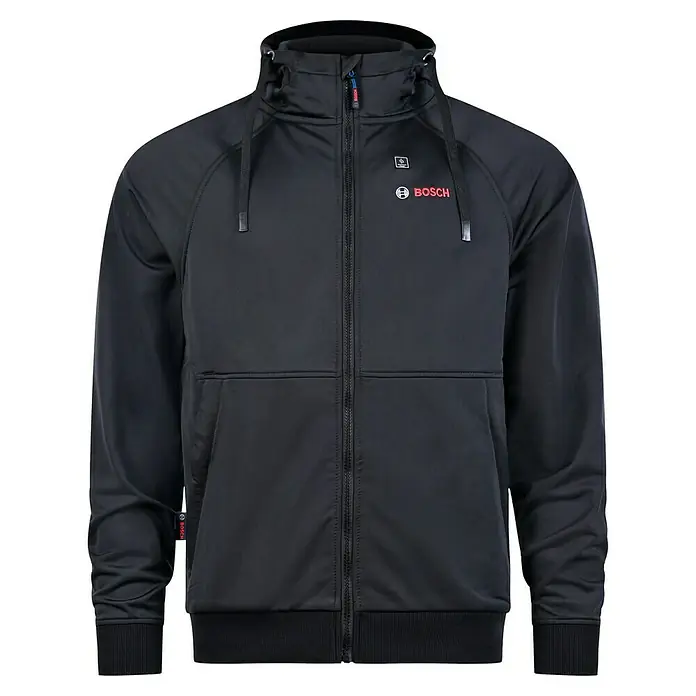 Bosch Professional Arbeitsjacke Hoodie GHH beheizbar - 2 -tlg., Akkuspannung: 12 V, XXL - Schwarze Bosch-Jacke mit Kapuze und Reißverschluss, ideal für Arbeit und Freizeit. Das Bosch-Logo ist gut sichtbar auf der Brust platziert.