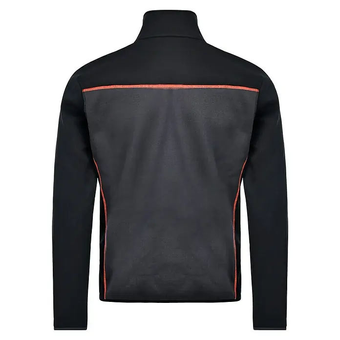 L.Brador Fleecejacke 6195P - Schwarz/Grau, XL - Rückansicht einer schwarzen Jacke mit langen Ärmeln und orangefarbenen Akzenten. Ideal für Sport und Freizeit.