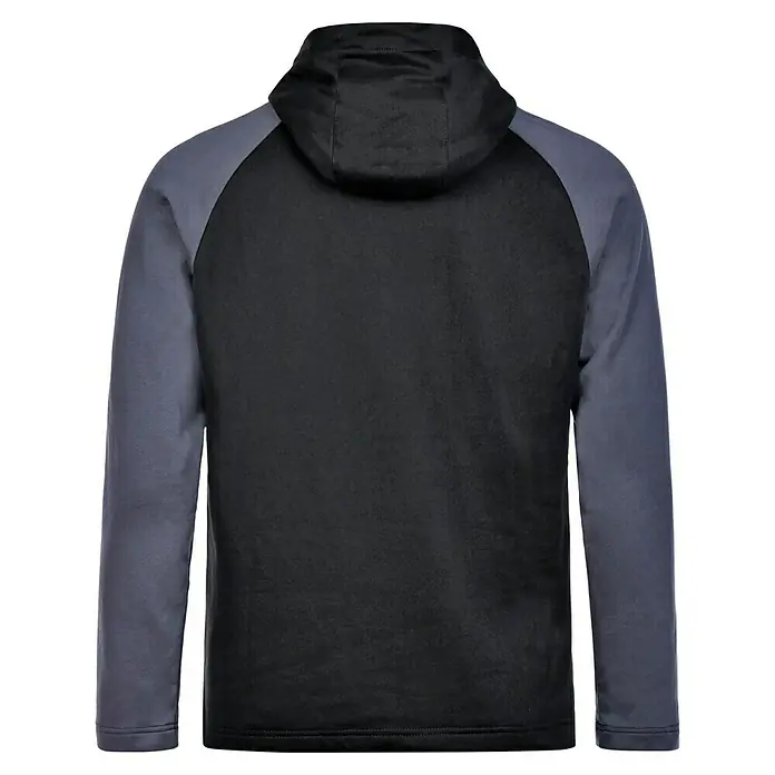 Puma Workwear Kapuzenpullover Champ - Stahlgrau, Carbon, Größe: S - Rückansicht einer schwarzen Hoodie-Jacke mit langen, grauen Ärmeln und einer Kapuze, die lässig und bequem aussieht.