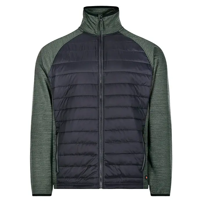 L.Brador Hybridjacke 6090P - Schwarz/Grün, S - Das Bild zeigt eine gesteppte Herrenjacke mit durchgehendem Reißverschluss und melierten Ärmeln. Die Jacke ist ideal für kühlere Tage.