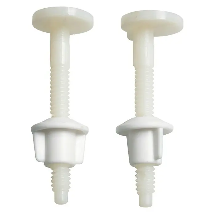 Tornillo de fijación Asiento inodoro - 2 ud. - Dos bisagras de asiento de inodoro de plástico blanco con un tornillo roscado y una cabeza en forma de disco.