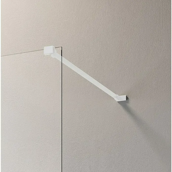 GEO Duschwand Walk-In mit Farbverlauf - B x H: 90 x 200 cm, Beschichtet, Weiß - Seitenansicht einer Glasduschwand mit einer weißen Stützstange, die an der Wand befestigt ist, sorgt für zusätzliche Stabilität und Halt.