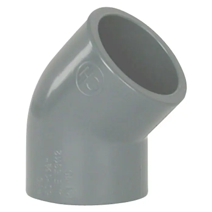 Codo PVC presión - 20 mm, 45 ° - Codo de PVC gris con un ángulo de 45 grados, un accesorio útil para instalaciones de fontanería y drenaje.