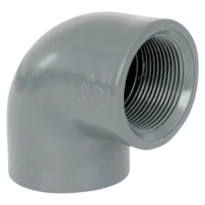 Codo PVC presión roscado - 32 mm, 90 °, Rosca interior: 1″ - Codo de 90 grados de plástico gris con rosca hembra, ideal para sistemas de fontanería y riego.
