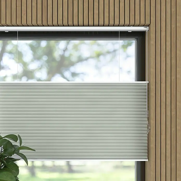 Wabenplissee Tageslicht - B x H: 60 x 175 cm, Grau - Graue Plissee-Jalousie am Fenster mit natürlichem Holzhintergrund, die eine moderne und funktionale Fensterdekoration bietet.