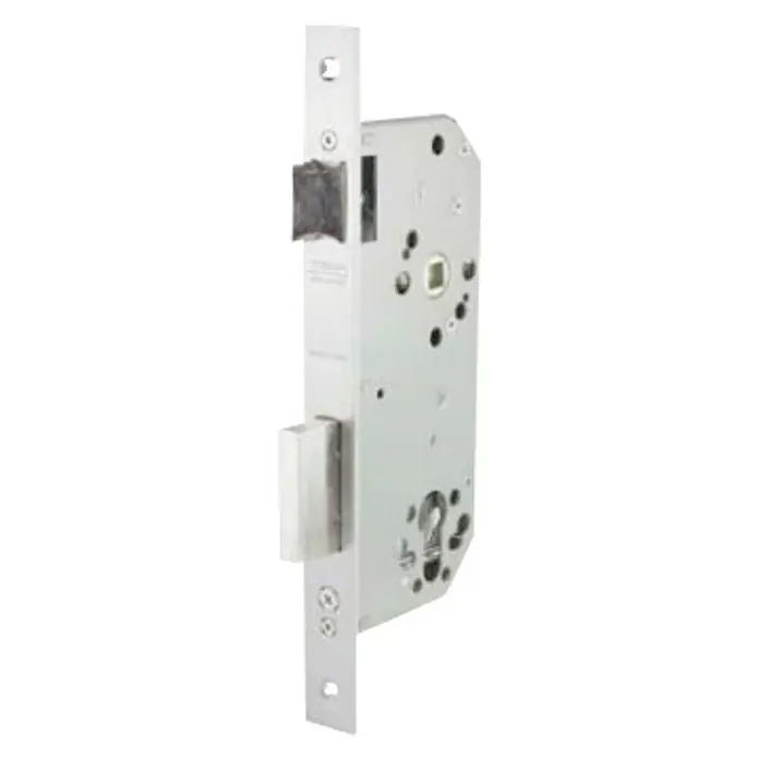 Tesa Assa Abloy Cerradura de embutir de madera 20304VIHN - Puerta exterior, Llave - Producto destacado: Una cerradura de embutir con acabado plateado y múltiples puntos de fijación para una instalación segura en la puerta.