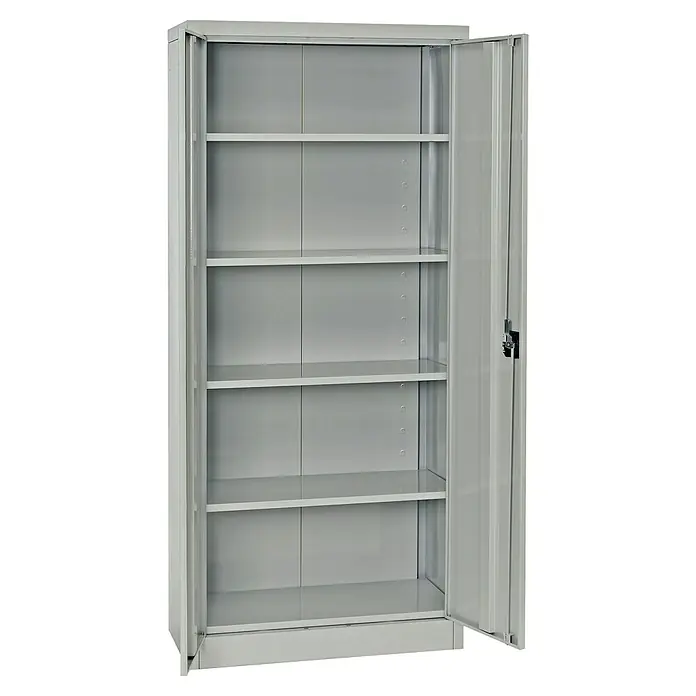 Regalux Armario multiusos metálico - L x An x Al: 41 x 80 x 180 cm, Gris - Un armario metálico gris abierto con múltiples estantes. Perfecto para oficina o almacenamiento.