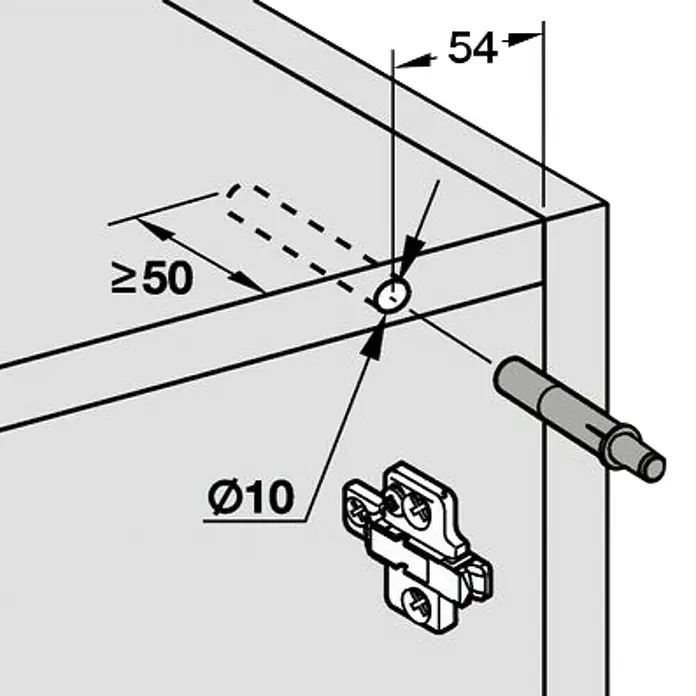 Häfele Amortiguador de puerta para muebles - profundidad de entrada: 50 mm, Plástico - Ilustración de una bisagra de mueble con medidas de instalación, incluyendo diámetro y distancias.
