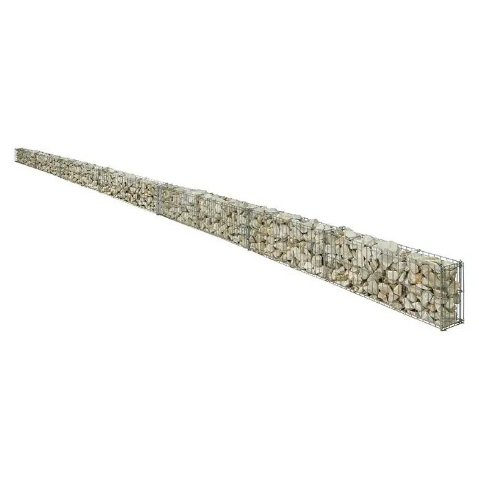 Bellissa Gabione - 464 x 10 x 20 cm, Stahl, Maschenbreite: 25 mm, Maschenhöhe: 100 mm - Das Bild zeigt eine Gabionenwand, gefüllt mit hellen Steinen, die als dekoratives und funktionales Element für den Garten dient.
