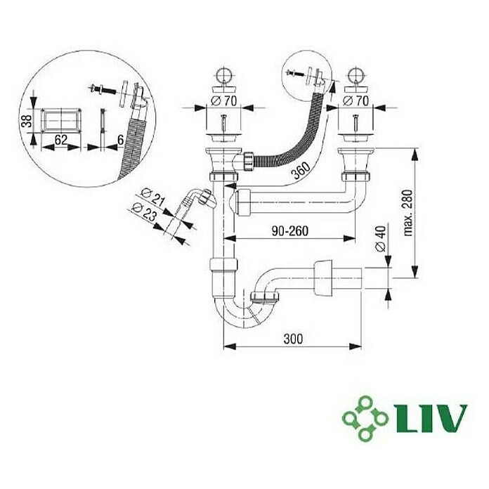 Sifon za dvojno pomivalno korito  (Polipropilen) | 4040 - Sifons/Abläufe/Ablaufgarnituren | DCDA - Wasserinstallation | DCD - Sanitärinstallation | DC - Sanitärinstallation | D - Sanitär | BAUHAUS