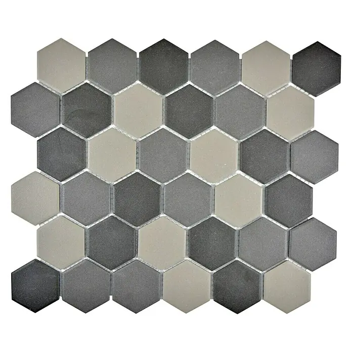 Mosaikfliese Hexagon Mix CU HX160 - 32,5 x 28,1 cm, Grau/Schwarz, Matt - Nahaufnahme eines Musters aus grauen und beigen sechseckigen Mosaikfliesen, ideal für die Gestaltung von Küchenrückwänden und Badezimmern.