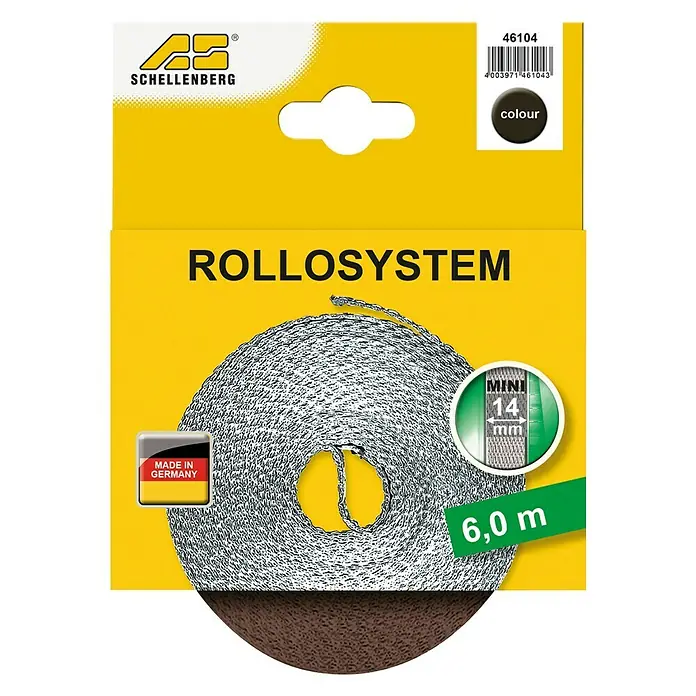 Schellenberg Cinta para persiana - Marrón, Largo: 6 m, Anchura de la correa: 14 mm - Imagen del cordón para persianas enrollables Schellenberg, de 6,0 m de largo, Mini 14 mm, fabricado en Alemania, para sistemas de persianas que ofrecen una solución fiable y duradera.