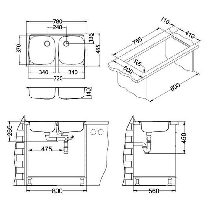 Alveus Vgradno korito Basic 160  (78 x 43,5 cm, Nerjavno jeklo) | 4173 - Einbauspülen Edelstahl | DCFC - Spülen | DCF - Küche | DC - Sanitärinstallation | D - Sanitär | BAUHAUS