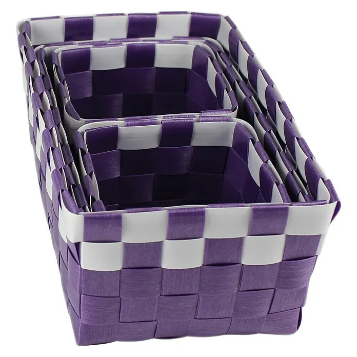 Juego de cestas trenzado - Lila, 4 pzs., Polipropileno - Almacenamiento decorativo: Juego de tres cestas de mimbre moradas y blancas anidadas, perfecto para una organización elegante en todo el hogar.