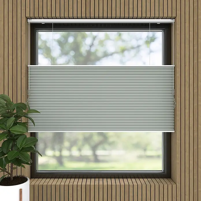 Wabenplissee Tageslicht - B x H: 60 x 175 cm, Grau - Nahaufnahme eines Fensters mit grauen, plissierten Jalousien. Das Fenster bietet einen Blick nach draußen auf Bäume und Grün.