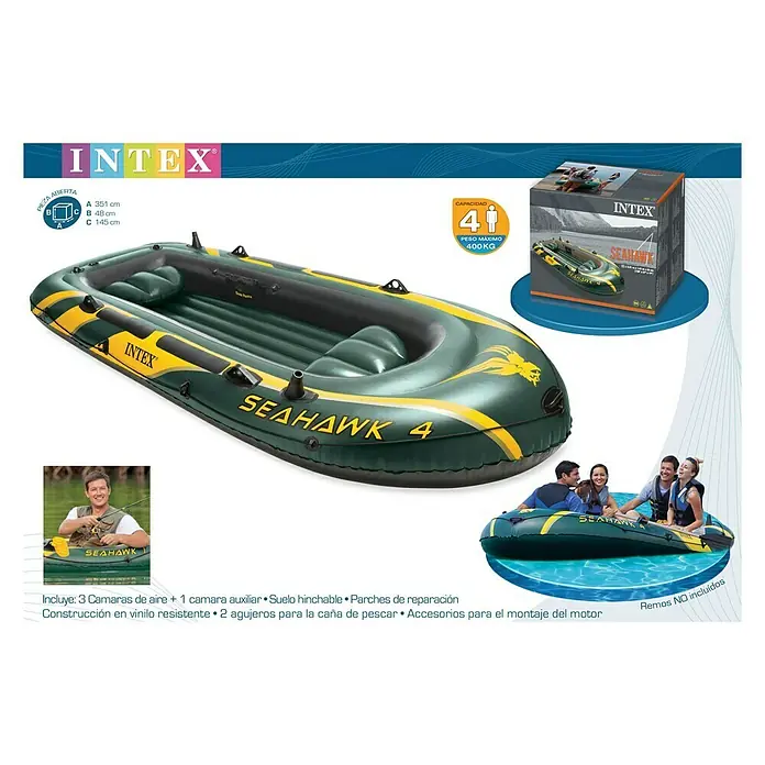 Intex Bote hinchable Seahawk 400 - Apto para: Máximo 4 personas, Carga útil: 400 kg - Imagen de una barca inflable Intex Seahawk 4, ideal para actividades acuáticas recreativas. Es duradera y fácil de transportar.