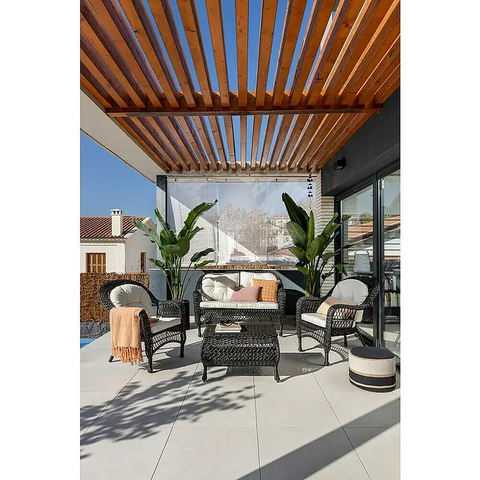 Sunfun Conjunto de muebles Savannah - 4 pzs., Ratán sintético/Acero, Marrón oscuro/Beige - Diseño de patio acogedor con muebles de mimbre elegantes y protección solar decorativa para horas de relax al aire libre.