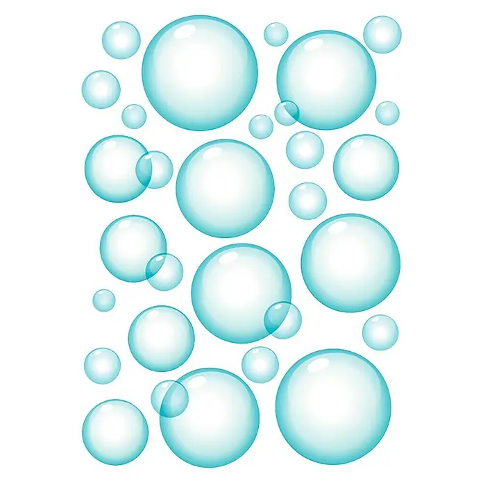 Vinilo de pared cristal - 21 x 29,7 cm, Azul/Blanco, Plástico - Gráfico con una variedad de burbujas de jabón azules de diferentes tamaños flotando sobre un fondo blanco, creando una impresión refrescante.