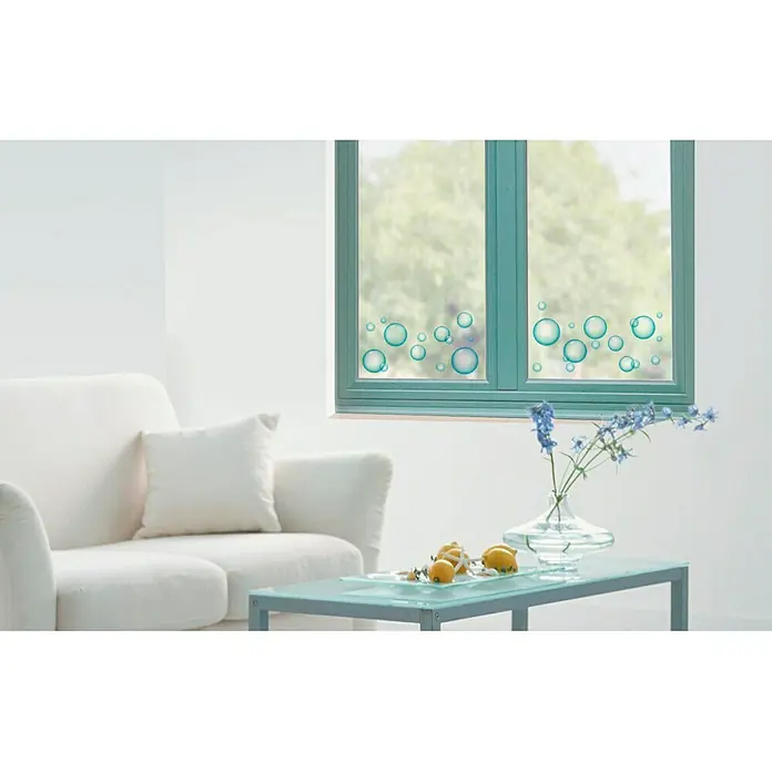 Vinilo de pared cristal - 21 x 29,7 cm, Azul/Blanco, Plástico - Película decorativa para ventanas con burbujas azules, que añade un toque de frescura y privacidad a la habitación. Fácil de aplicar y versátil.
