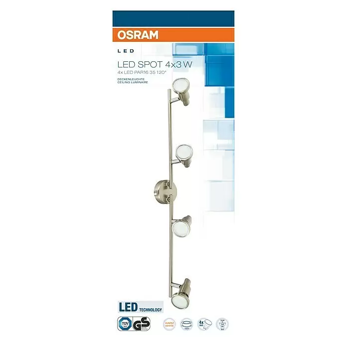 Osram LED-Deckenstrahler - 10,4 W, L x B x H: 675 x 80 x 155 mm, Nickel matt, Warmweiß, 4 Stk.
