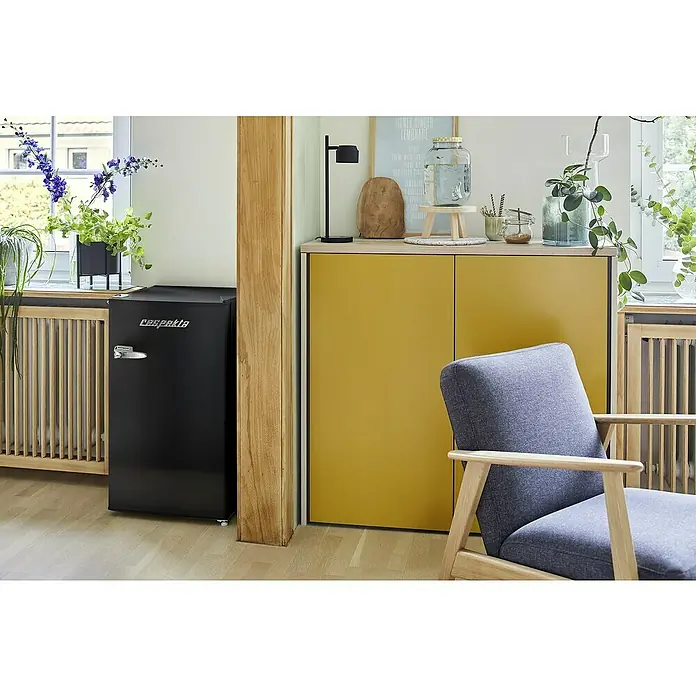 Respekta Vollraumkühlschrank Rico - Nutzinhalt Gesamt: 92 l, 44,7 x 47,4 x 83,1 cm, Schwarz - Dieser Produktausschnitt zeigt einen Desakta-Minikühlschrank in Schwarz, der sich gut in ein modernes Interieur einfügt.
