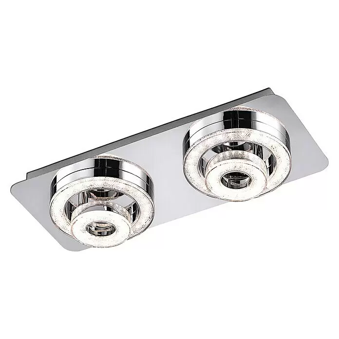 Just Light LED-Deckenleuchte - 6 W, L x B x H: 40 x 17 x 13 cm, Chrom - Rechteckige Chrom-Deckenleuchte mit zwei runden, konzentrischen LED-Einheiten mit funkelnden Strukturringen.