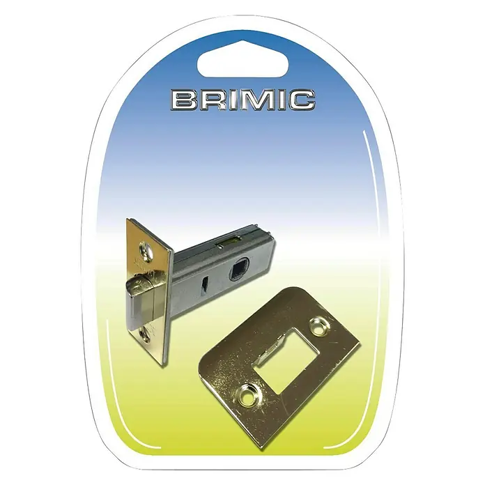 Micel Brimic Resbalón 916682 - Específico para: Puertas batientes - Primer plano de un pestillo de puerta Brimic con bocallave en el embalaje del producto, ideal para proyectos de bricolaje.