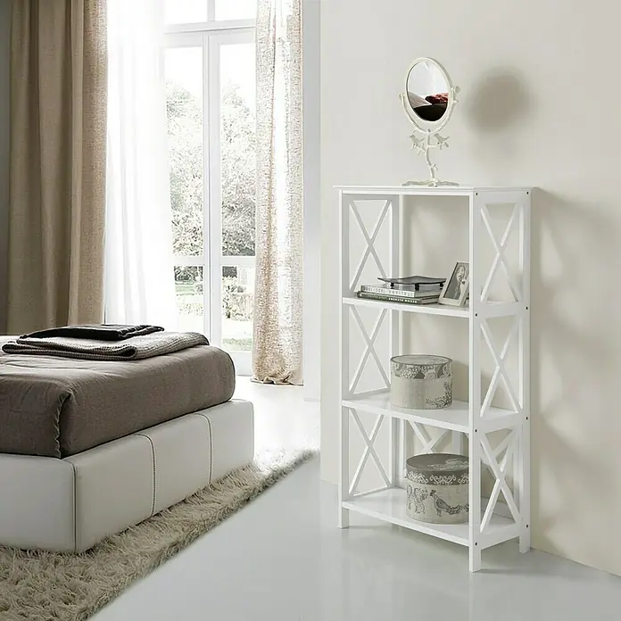 Estantería de madera Victoria - L x An x Al: 30 x 60 x 111 cm, Número de baldas: 4 ud., Blanco - Elegante estantería blanca con soportes laterales decorativos en forma de X y tres estantes, ideal para un espacio moderno.