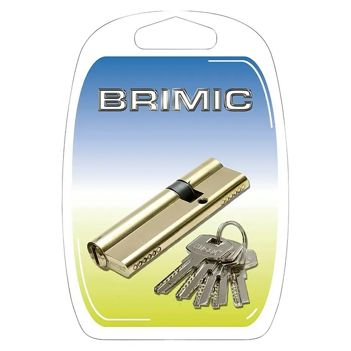Micel Brimic Cilindro de perfil de seguridad L15 simétrico - Longitud total interior: 40 mm, Longitud total exterior: 40 mm, Número de llaves: 3 ud., Oro - Esta imagen muestra una cerradura de puerta Brimic con llaves en un empaque, ideal para asegurar tu hogar.