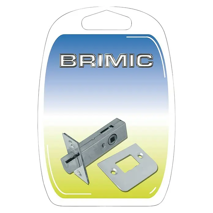 Micel Brimic Picaporte PCT4 - L x An x Al: 68 x 25 x 58 mm, Níquel - En la imagen se muestra un pestillo de puerta Brimic plateado en su embalaje con el nombre de la marca bien visible en el frente.