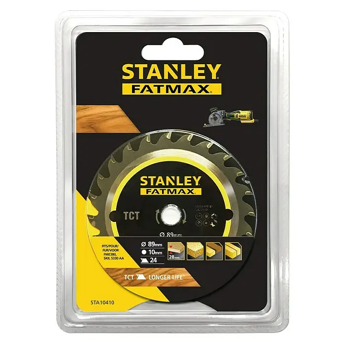 Stanley FatMax Disco de sierra STA10410-XJ - Diámetro: 89 mm, Orificio: 10 mm, 24 ud. - Disco de sierra circular Stanley Fatmax para cortes de madera precisos, 89mm de diámetro, ideal para artesanos y bricoladores.