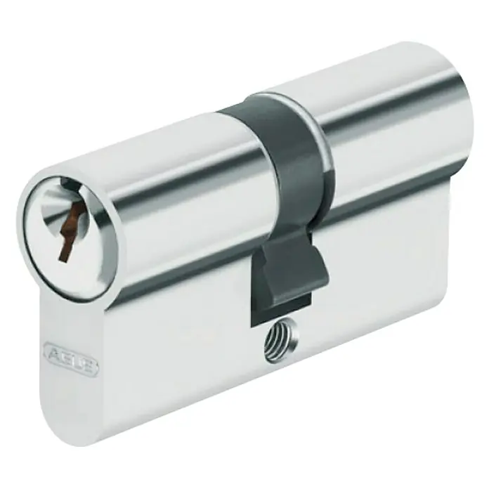 Abus Cilindro de perfil E50 - Longitud total interior: 30 mm, Longitud total exterior: 40 mm, Número de llaves: 3 ud., Plata - Primer plano de un cilindro doble ABUS, que ofrece mayor seguridad y protección confiable para tus puertas.