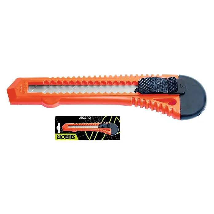 Cuchillo cúter 960 - Acero, Rojo/Negro - Cutter SILBOR naranja con hoja afilada y mango negro para cortes de precisión. Versátil para tareas diarias.