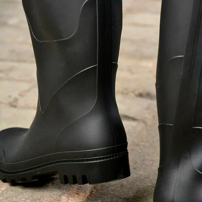 Sicherheitsstiefel - Schuhgröße: 41, Kniehoch - Schwarze Gummistiefel mit robusten Sohlen, ideal für nasse und schmutzige Umgebungen. Praktisch und stilvoll für jedes Wetter.
